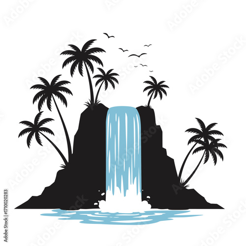 Silhouette of a tropical island waterfall cascading down rocky cliffs surrounded by palm trees and birds flying