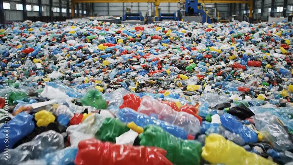 Vast pile of sorted and shredded plastic bottle waste in a modern industrial recycling facility