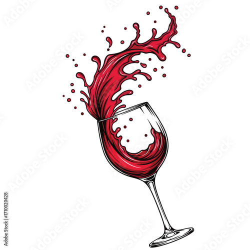 Vector art of elegant wine glass illustration with a dynamic splash of red wine, , showcasing artistic detail and vibrant color