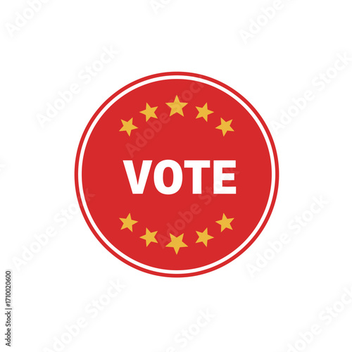 Red circular vote sticker with golden stars symbolizing democracy and civic participation