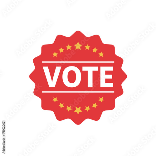 Red vote sticker with stars and jagged edges symbolizing civic duty and democratic participation