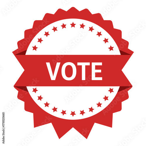 Red and white circular badge with the word vote prominently displayed on a ribbon across the center