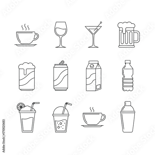 Vector art of a collection of various drink icons, including coffee, wine, cocktails, beer, soda, juice, water, and smoothies