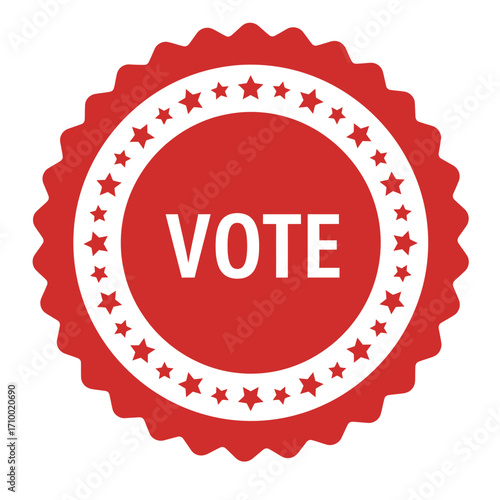 Red circular badge with white stars and the word vote in the center representing democracy and civic duty