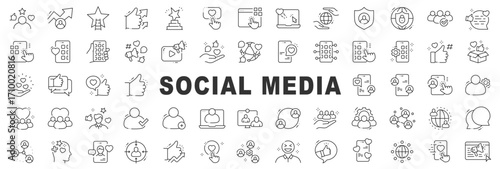 Social media line icons featuring like, heart, comment, share, hashtag, follower, marketing, analytics, mobile app interface, outline, editable stroke