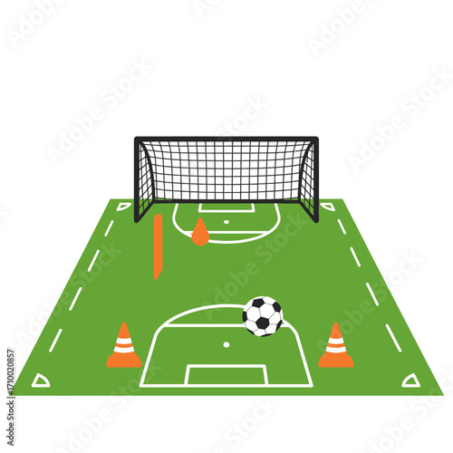 Soccer training drill layout with goal cones and ball on a green field with white markings