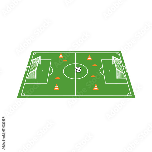Aerial view of a soccer field with training cones goalposts and a ball ready for practice