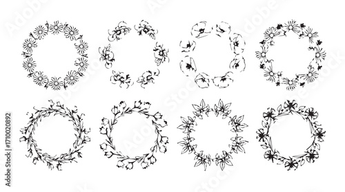 Collection of eight ornate hand drawn floral wreaths elegant circular decorative elements silhouette