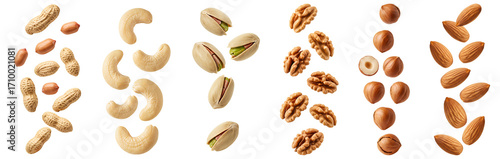 Nuts set PNG. Peanuts PNG. Raw and fresh cashews falling down isolated. Pistachios scattered png. Organic walnuts for diet and wellness visuals isolated. Hazelnuts and almonds floating isolated