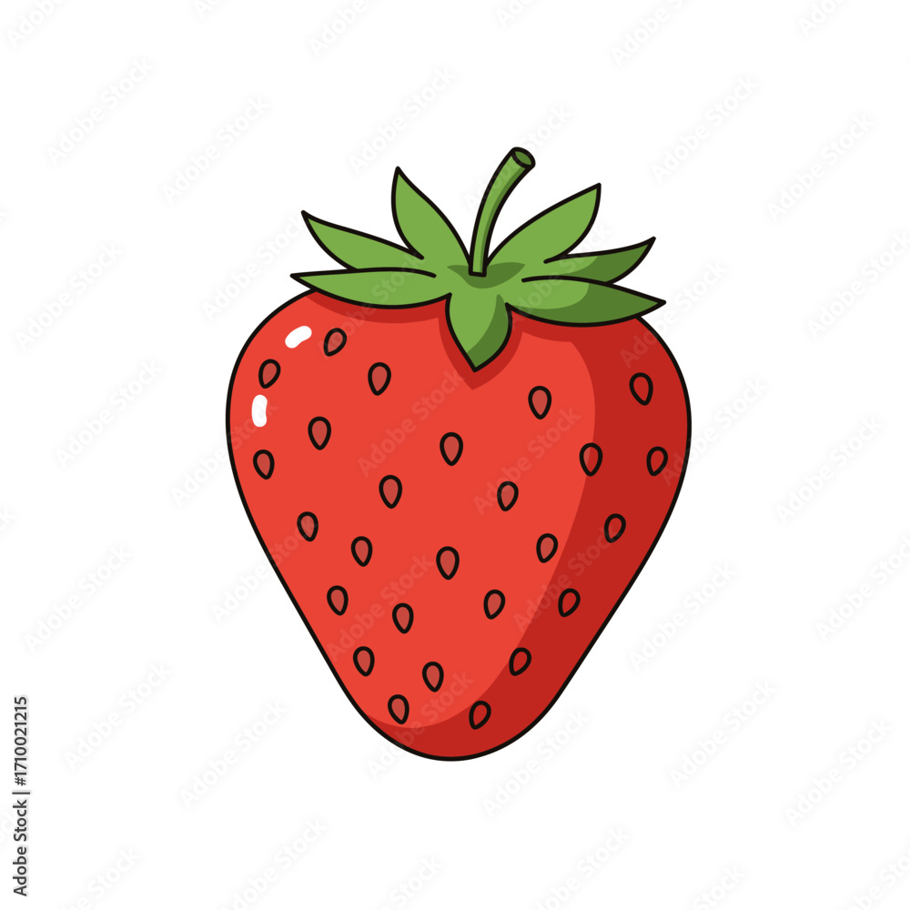 Fototapeta premium Vibrant hand drawn illustration of a single ripe strawberry with green leaves and seeds on a white background
