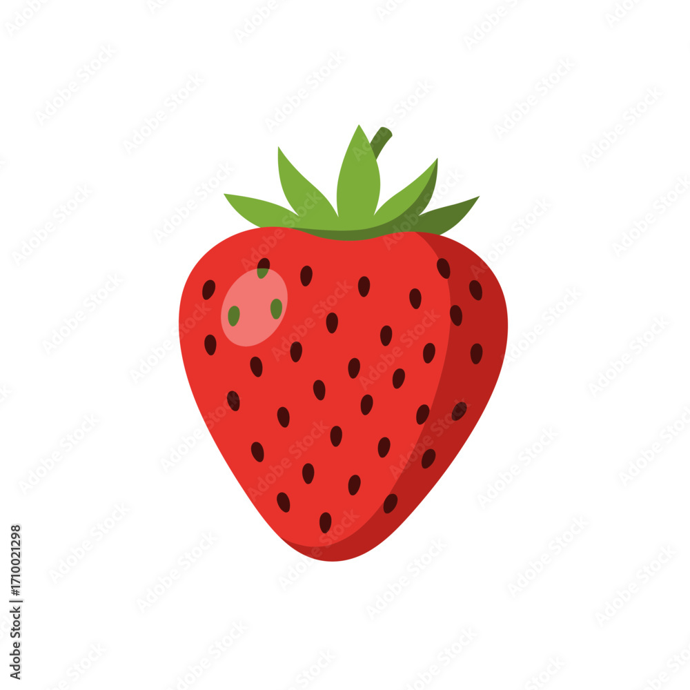 Fototapeta premium Vibrant red strawberry with green leaves and black seeds isolated on a white background