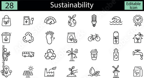 A collection of sustainability icons, including renewable energy, recycling, and ecofriendly transportation, isolated on a transparent background