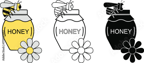 Honey jar with bee and flower illustration vector graphics
