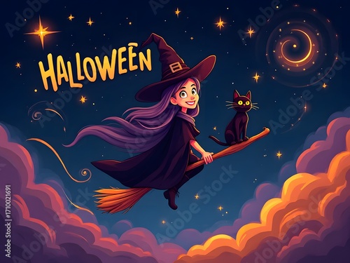 Witch and Black Cat – Cartoon Halloween Scene: A cartoon witch flying on a broomstick with her black cat, surrounded by stars and the text “Halloween.”