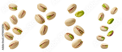 Pistachios set PNG. Raw and fresh Pistachios falling down isolated. Pistachios scattered png. Organic pistachio for diet and wellness visuals isolated