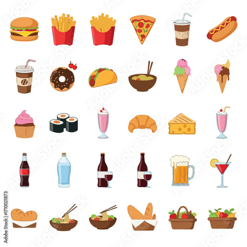 Vector art of assorted fast food items, including burgers, fries, pizza, hot dogs, and drinks, representing a variety of unhealthy options