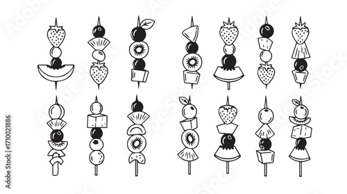 Assortment of delicious hand-drawn appetizer skewers food design elements for culinary themes silhouette