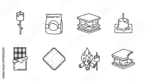 Campfire s'mores ingredients and preparation icons for outdoor food and dessert projects silhouette
