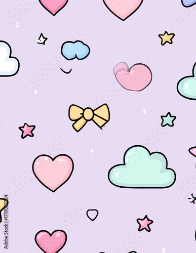 Padrão sem emenda vetorial Kawaii: Laços, corações, estrelas e nuvens