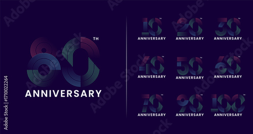 Colorful line anniversary logo collection. Number symbol with technology or digital concept for birthday celebration