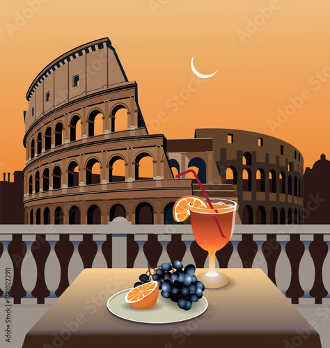 Dinner in Rome, table with the Colosseum in the background. Vector.