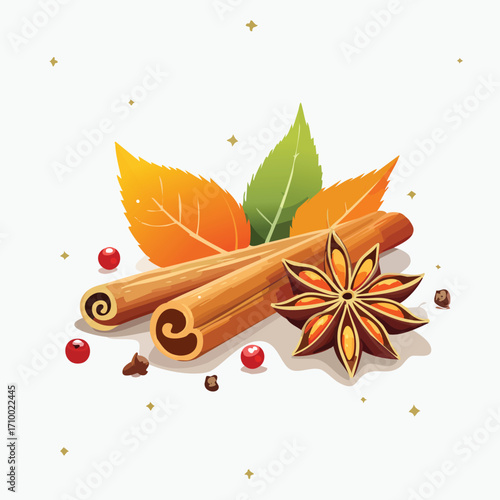 Autumn-themed illustration with cinnamon sticks, star anise, and vibrant leaves, suitable for fall recipes, seasons, and holiday designs. Generative AI