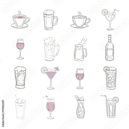 Vector art of diverse collection of beverage icons, showcasing various types of drinks, including coffee, beer, wine, and cocktails