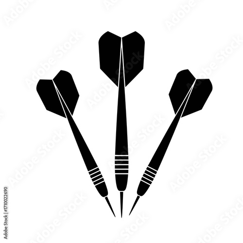 Three black silhouette darts with distinct fins arranged in a symmetrical fan shape on a white background