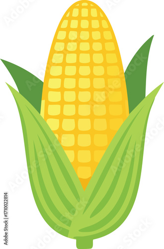 An illustration of a plump ear of corn, showing its bright yellow kernels and green leaves, great for food and farm projects. Generative AI