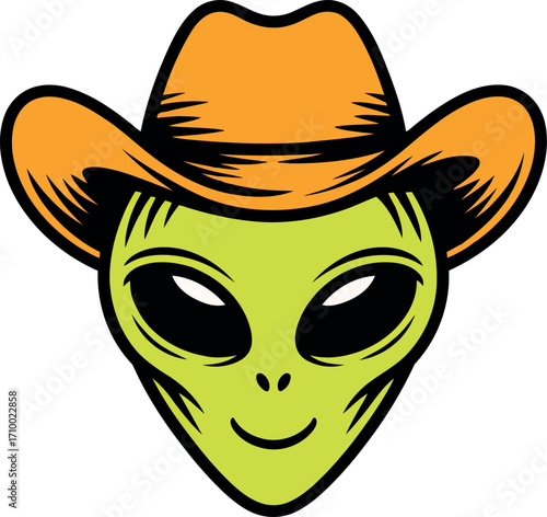 Cowboy alien head illustration whimsical sci-fi character design vector
