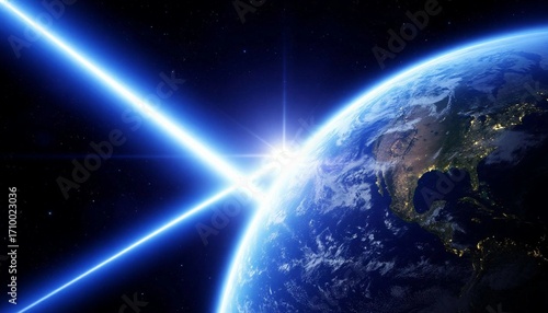 flash of beam of light above the planet