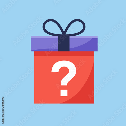 Brightly colored gift box with a white question mark on a light blue background