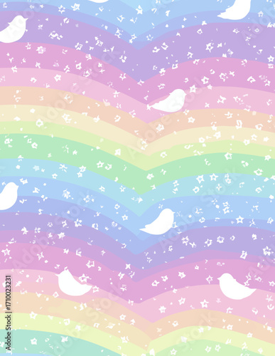 Padrão vetorial sem costura de arco-íris pastel com pássaros e estrelas