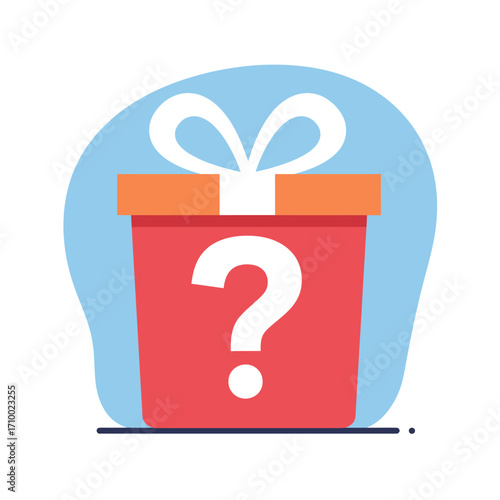 Red gift box with white question mark and ribbon bow on blue background representing surprise and mystery