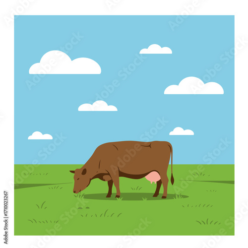 Brown cow grazing peacefully in a lush green pasture under a bright blue sky with fluffy white clouds
