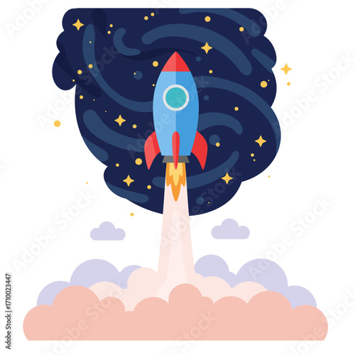 Blue rocket launching into starry night sky with clouds and bright flames of ignition