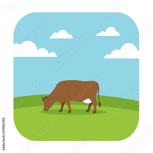 Brown cow grazing peacefully in a vibrant green pasture under a bright blue sky with fluffy white clouds