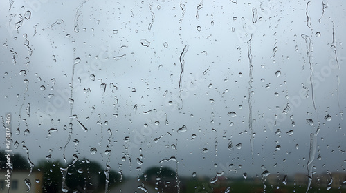 gotas de lluvia texturizando ventana de vidrio transparente con fondo de cielo gris