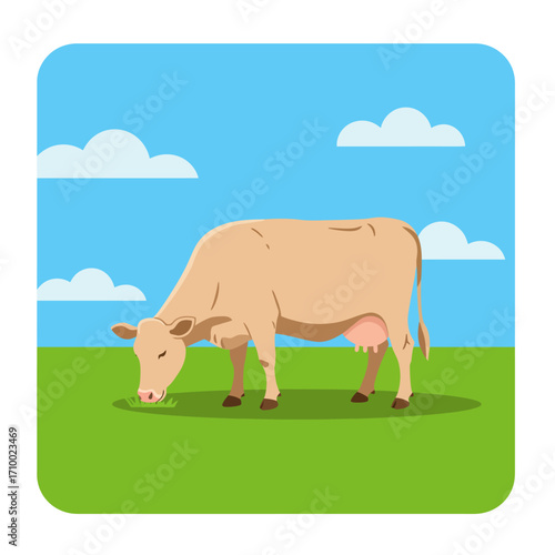 A light brown cow grazes peacefully in a vibrant green field under a clear blue sky with fluffy white clouds