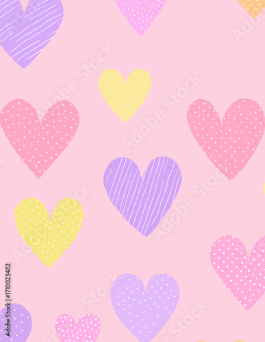 Padrão sem emenda de corações vetoriais, fundo rosa pastel