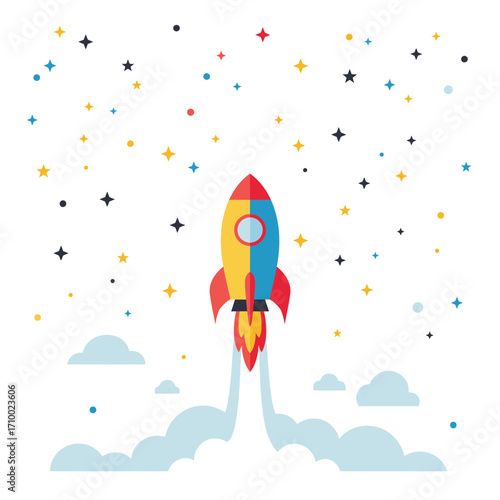 Colorful cartoon rocket launching into starry night sky with clouds and bright flames