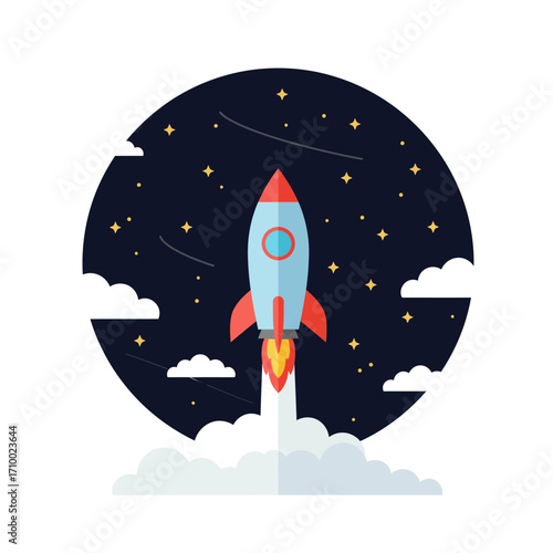 Illustration of a blue rocket launching into a starry night sky with clouds and exhaust flames