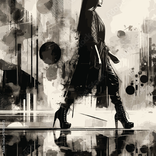 A striking silhouette of a model on a runway against a dynamic abstract black and white background. Captures the essence of elegance, creativity, and high-fashion artistry.