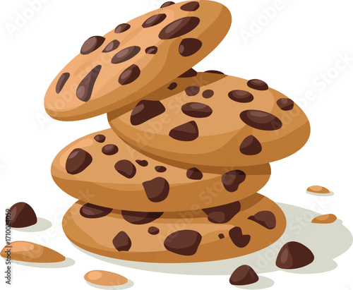 Delicious chocolate chip cookies stacked sweet baked treats isolated vector