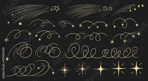 Illustration Vector Set of Starry Comets and Swirls in Doodle Style