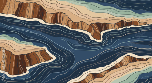 Abstract Vector Illustration of a Canyon Landscape with Winding River in Blue Brown and Beige Colors