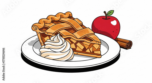 Illustration of a slice of apple pie with whipped cream, an apple, and cinnamon