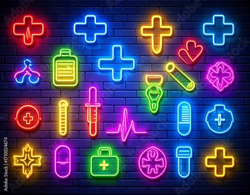 Neon-lit medical icons on a dark brick wall