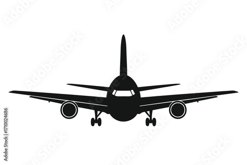 Airplane front view silhouette vector illustration, jet plane icon design for aviation, travel and transport.
