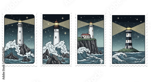 Vector Illustration of Vintage Nautical Stamps with Lighthouse Designs and Ocean Waves Dark Sea Adventure